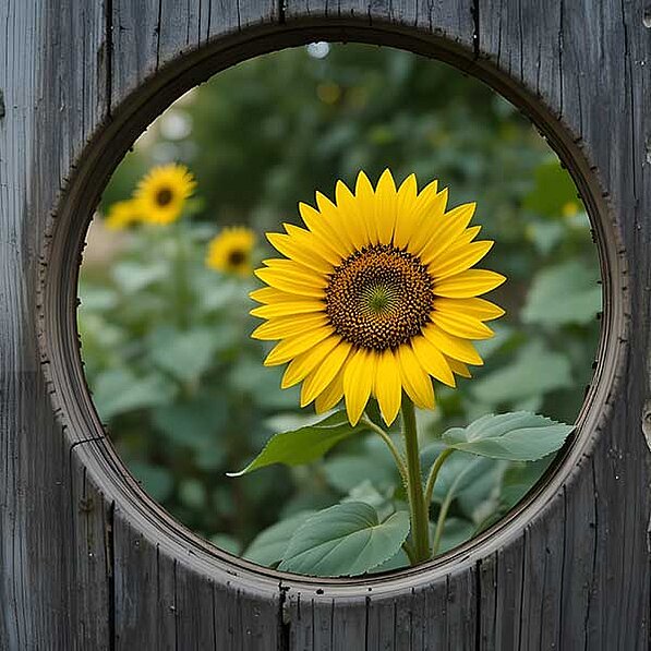 Das Bild zeigt eine einzelne, große Sonnenblume im Vordergrund, die durch ein kreisrundes Loch in einem verwitterten, grauen Holzzaun zu sehen ist. Die Sonnenblume ist hellgelb mit einer dunkelbraunen Mitte und ist im vollen Blütenstand. Ihre Blätter sind groß, grün und gesund. Hinter der Sonnenblume im Hintergrund sieht man einen unscharfen, aber erkennbaren Hintergrund aus weiteren Sonnenblumen und üppigem, grünem Laub. Die anderen Sonnenblumen sind kleiner und weniger fokussiert als die im Vordergrund stehende Blume, was den Fokus auf die einzelne Sonnenblume im Vordergrund verstärkt. Der Holzzaun ist aus vertikalen Holzbrettern gefertigt, die alt, abgenutzt und verwittert aussehen. Das Loch im Zaun ist perfekt rund und gibt den Blick auf die Sonnenblumen frei. Die gesamte Szene wirkt ruhig, friedlich und naturnah. Die Stimmung ist warm, sonnig und positiv, geprägt von der Schönheit und Lebendigkeit der Sonnenblumen. Das Licht deutet auf einen sonnigen Tag hin, und die Farben sind insgesamt warm und natürlich. Die Komposition des Bildes betont die Schönheit der einzelnen Sonnenblume im Kontrast zum rauen Holzzaun.