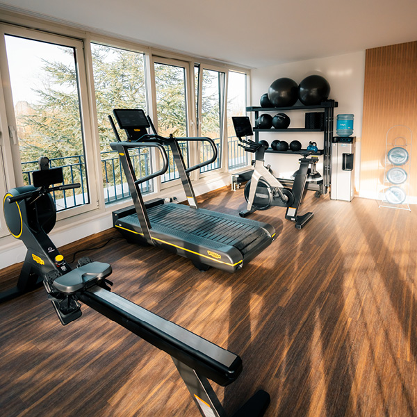 Helles Fitnessstudio mit modernen Geräten und Blick ins Grüne